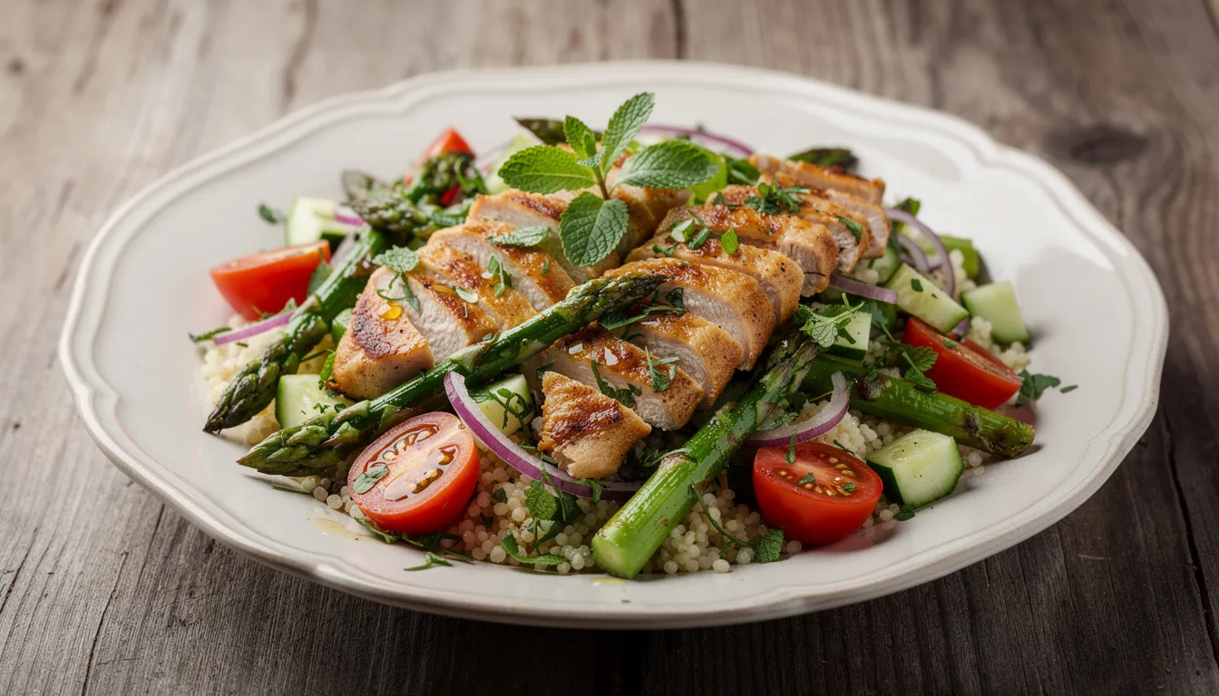 Frühlingshafter Hähnchen-Couscous-Salat mit grünem Spargel und Zitronen-Minz-Dressing