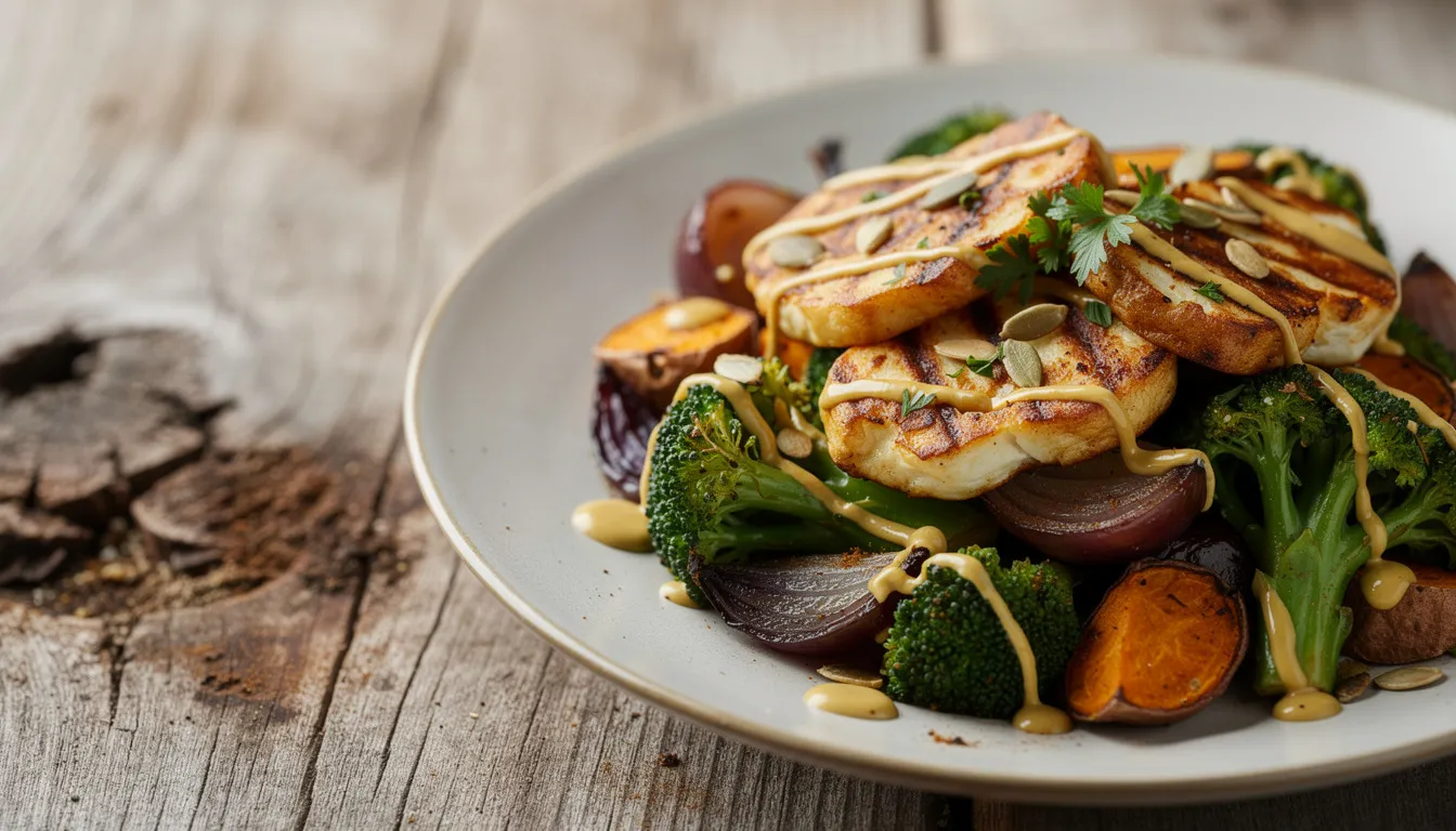 Knusprige Ofengemüse-Bowl mit Halloumi und Honig-Senf-Dressing