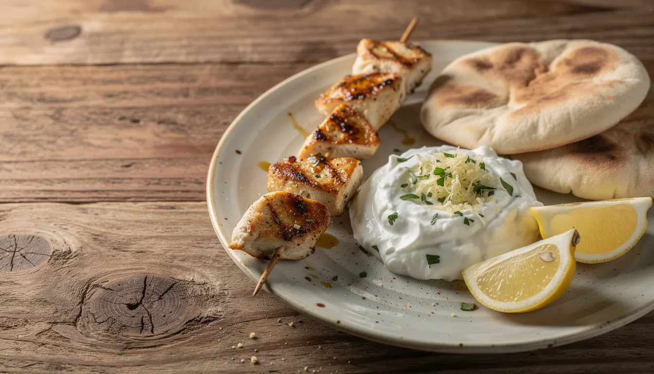 Cremiges Hähnchen-Souvlaki mit Zitronen-Joghurt-Dip