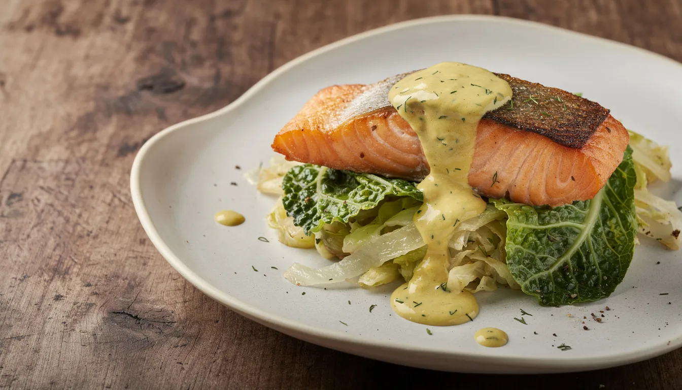 Gebratenes Lachsfilet auf cremigem Wirsinggemüse mit Dill-Senf-Sauce