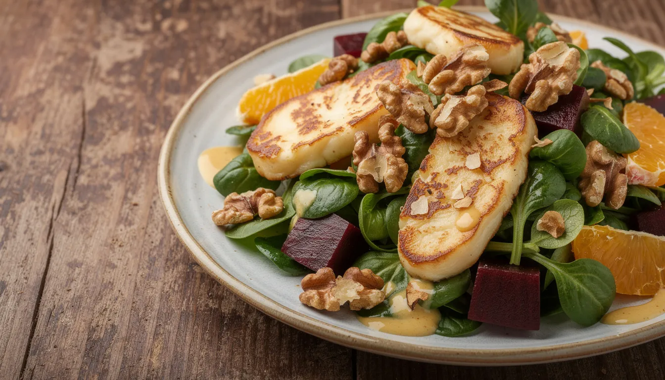 Knuspriger Halloumi-Salat mit Rote Bete, Orangen und Honig-Senf-Dressing