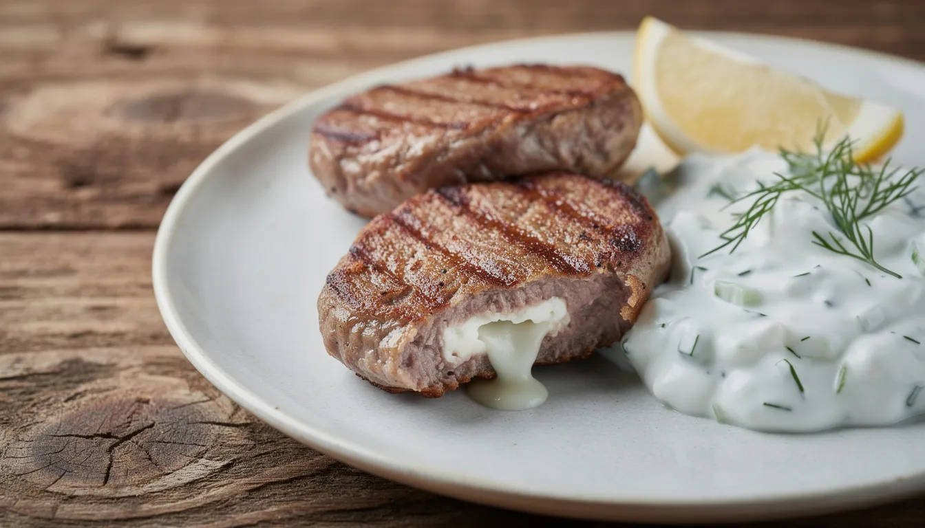 Saftige Bifteki mit Feta-Füllung und würzigem Kräuter-Tzatziki