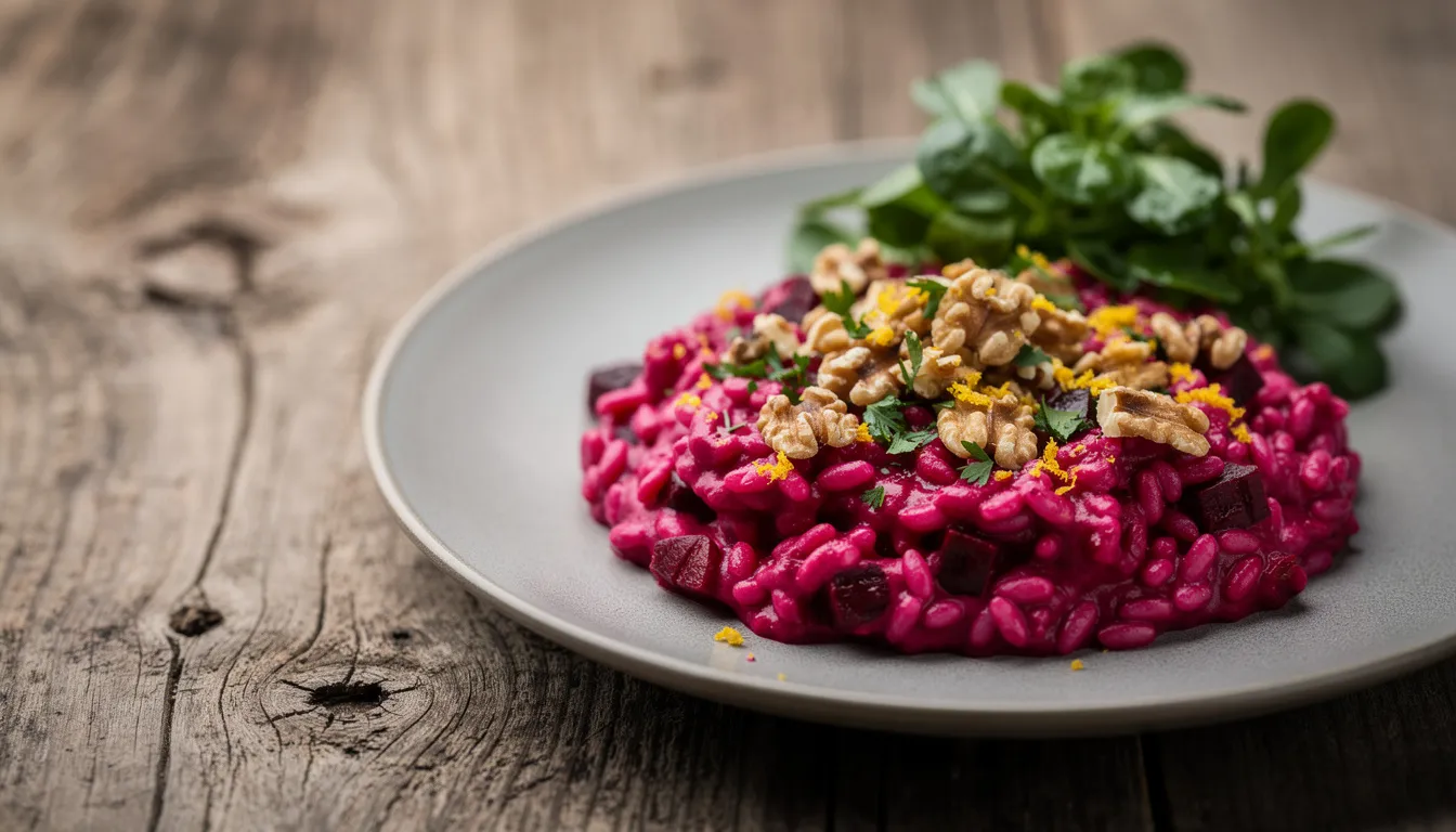 Cremiges Rote Bete Risotto mit knusprigen Walnüssen